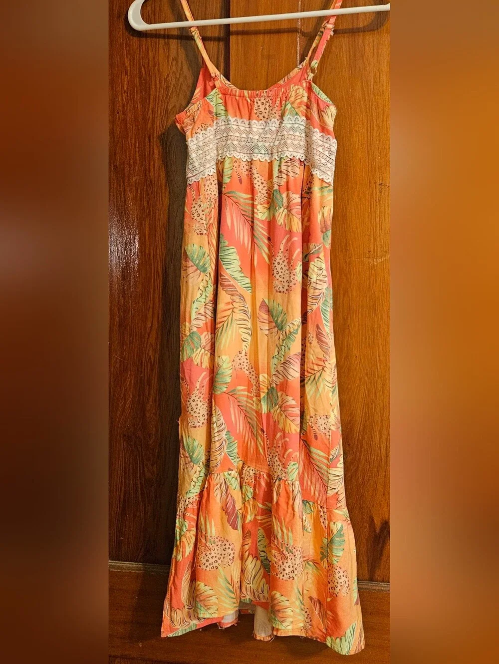 Girls' Coral Tropical Maxi Dress with Lace Waistband